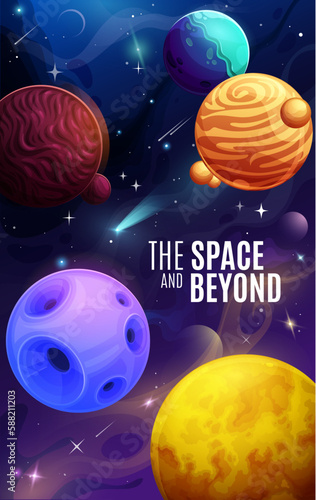Cartoon galaxy space planets poster. Cartoon vector background with the space and beyond text. Solar system, alien world or Universe exploration mission adventure. Vertical card with cosmic landscape