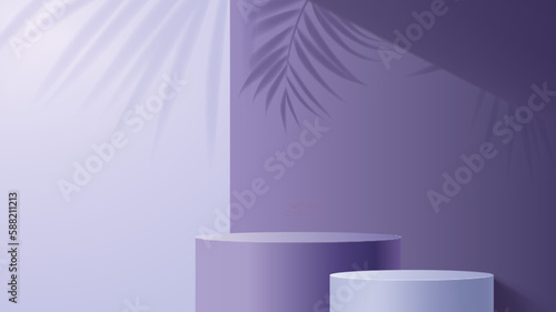 Cosmetics purple podium on wall background with palm leaves shadows. Vector 3d display stand or platform, cylinder pedestal or stage for cosmetic product presentation, beauty studio podium mockup