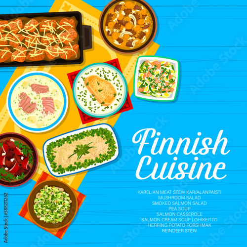 Finnish cuisine menu cover template. Reindeer stew, karelian meat stew Karjalanpaisti and mushroom salad, pea soup, herring potato forshmak and smoked salmon salad, casserole, cream soup Lohikeitto