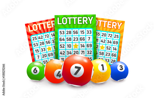Bingo lottery balls and lotto tickets background with win numbers, vector lucky jackpot game. bingo lottery or keno gamble game balls and lotto ticket cards for gamble sport and money draw poster