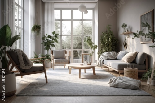 cozy living room with natural light coming through a large window. Generative AI