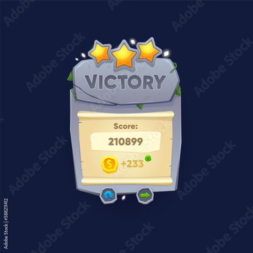 Game victory sign, banner or popup window. Cartoon vector congrats achievement award badge for mobile app. Congratulation screen with golden stars, stone plate, green leaves and navigation arrows