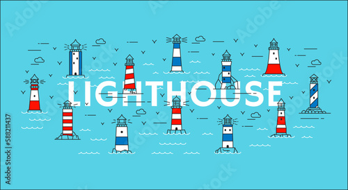 Line sea lighthouses and beacons with waves and beams, vector nautical navigation and travel themes. Outline ocean beach safety towers or light houses with blue, red and white striped pattern