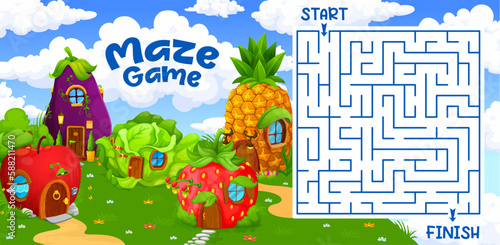 Labyrinth maze game. Cartoon fairytale house village. Kids vector boardgame with eggplant, apple, strawberry and pineapple fantasy dwelling and tangled path with start and finish, children riddle test