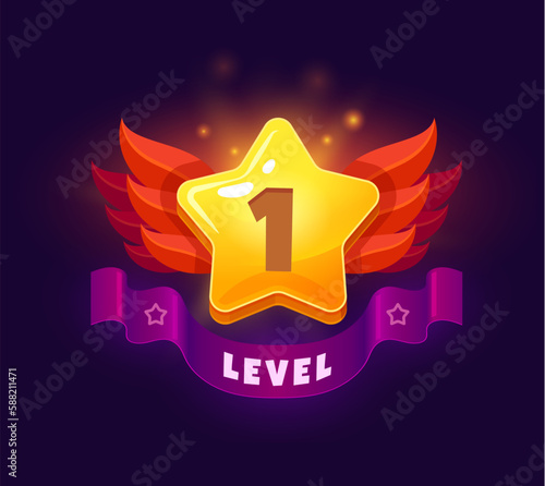 Game level up badge and win icon. Vector golden star, red wings, and purple banner. Casino bonus, rank reward, victory, success achievement award trophy, ui or gui mobile app winner surprise gift