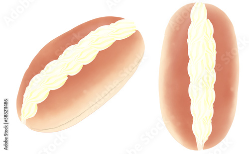 イラスト素材・クリームコッペパン2種セット ホイップクリームサンド 白背景 色違い・差分あり