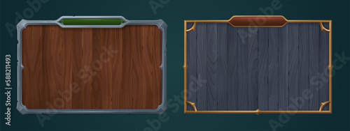 Fantasy vintage medieval wood facecam overlay vector border. Isolated video game metal viking frame for wooden banner. Twitch stream plate illustration set. Blank menu board interface template.