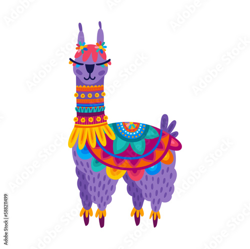 Llama alpaca kids toy, animal decorated by flowers. Vector llama baby character, cartoon personage. Mexican or peru guanaco wild lama