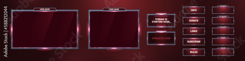 Futuristic twitch stream overlay and button ui template. Gamer neon cyber video screen interface. Panel bar facecam hud glow design isolated vector tag. Esport broadcast display set for web user