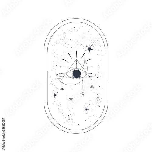 Celestial Esoteric Frame with pyramid eye isolated. Bohemian celestial arch with star and trangle. Mystic element simple vector illustration. Boho arch geometry eye.