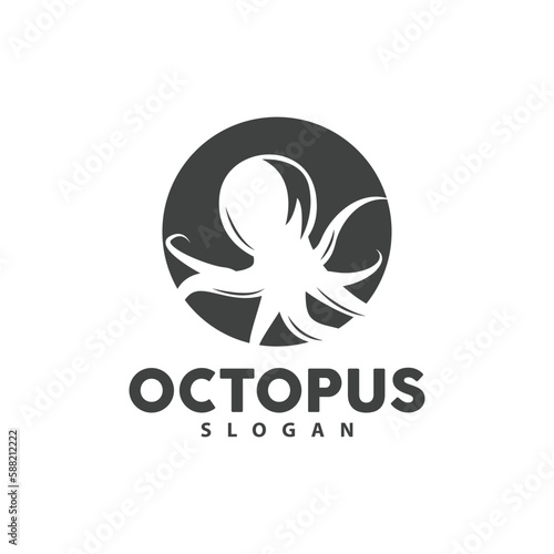 Octopus Logo, Sea Animals Vector, Seafood Ingredients Cuttlefish Tentacles Icon Silhouette Design