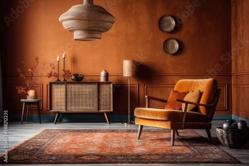 cozy living room with warm orange walls and matching furniture. Generative AI