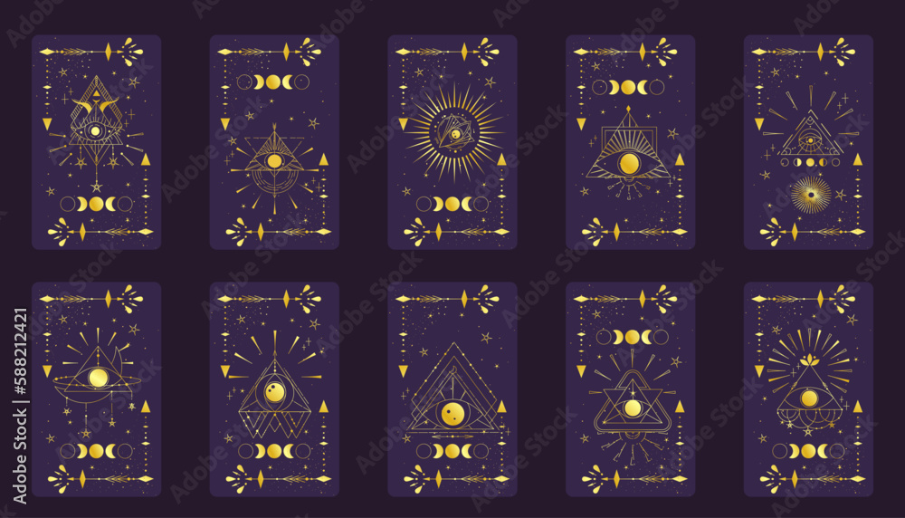 Pyramid Collection Tarot Tarot card gold set with mystic eye pyramid isolated. Boho esoteric ...