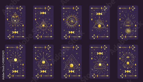 Tarot card gold set with mystic eye pyramid isolated. Boho esoteric tarot card with eye and star. Vector illustration. Sacred geometry celestial triangle