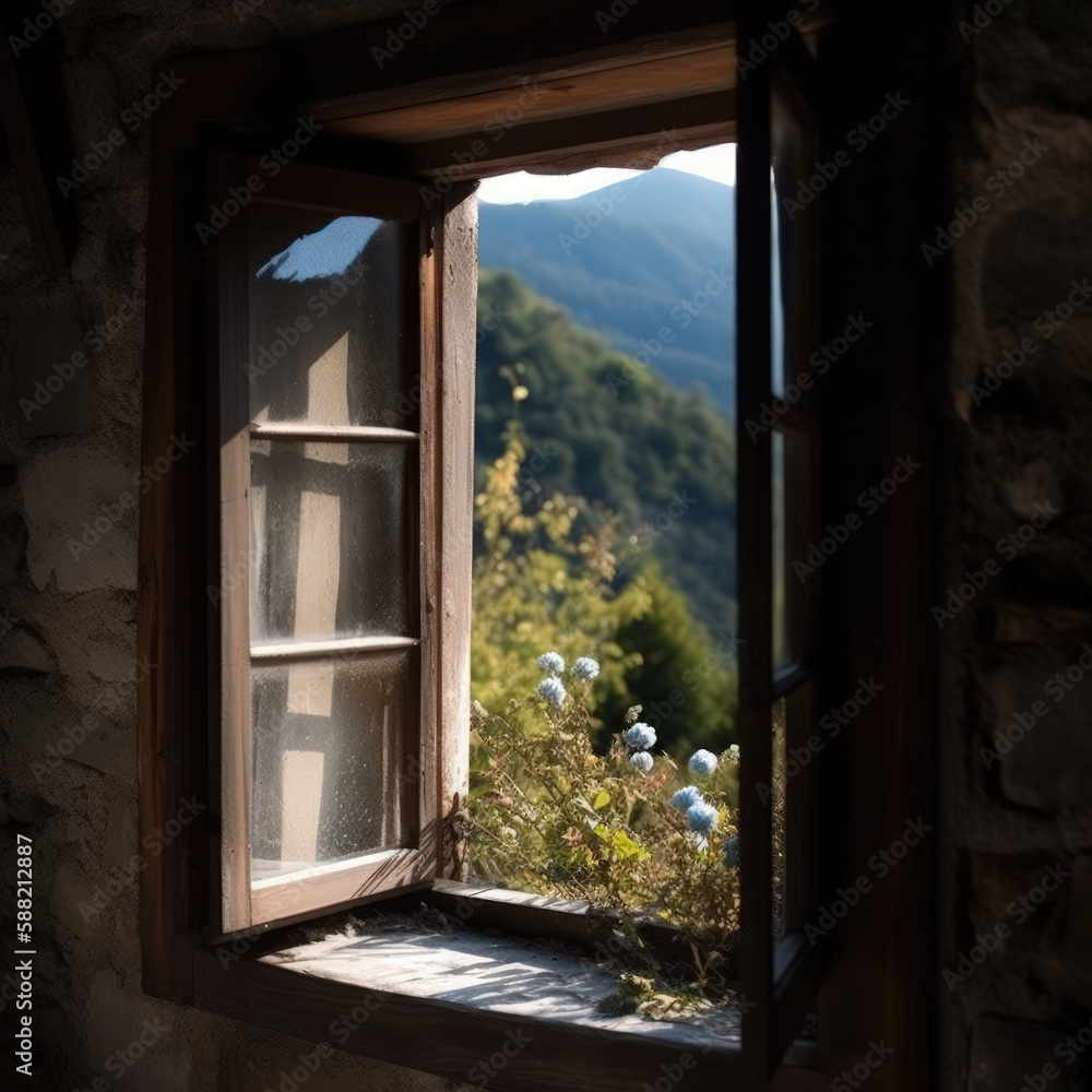 Fototapeta premium Beautiful View From the Open Window, AI