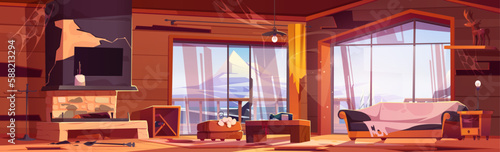 Abandoned wooden chalet interior with mountain view. Vector cartoon illustration of messy room with old broken furniture, spider web on walls, damaged fireplace, spilled wine bottles, dust on shelves