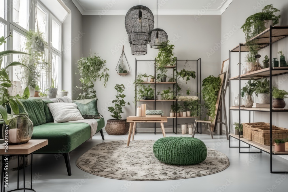 Fototapeta premium green and lush living room filled with various plants and foliage. Generative AI