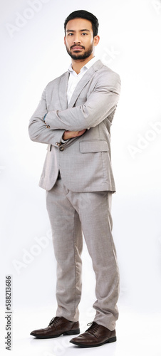 Serious, business man and portrait of arms crossed in studio, white background and leadership. Focused male model, entrepreneur and professional corporate worker with pride, power and suit of boss