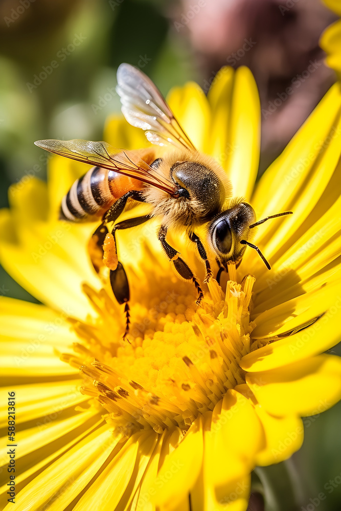 A Detailed Glimpse into Nature's Ballet: A Bee Collecting Pollen from Vibrant Flowers in a Sunlit Garden - AI Generative A Detailed Glimpse into Nature's Ballet: A Bee Collecting Pollen from Vibrant Flowers in a Sunlit Garden - AI Generative