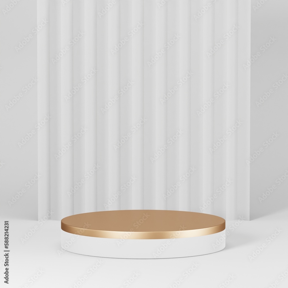 White and Gold geometric pedestal podium with Minimal circle backdrop an pillar . abstract studio room . Minimal scene for cosmetic products. Promotion , Showcase display. 3D rendering White and Gold geometric pedestal podium with Minimal circle backdrop an pillar . abstract studio room . Minimal scene for cosmetic products. Promotion , Showcase display. 3D rendering