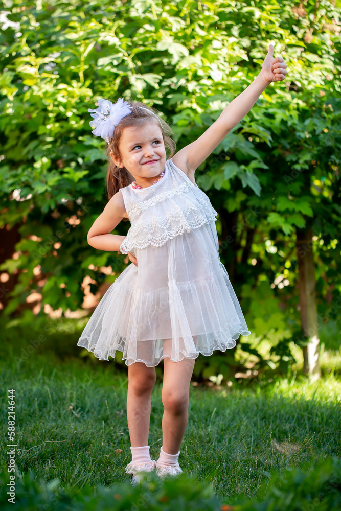 A cheerful little girl plays in the park on the lawn in a beautiful dress rejoices in the summer. Beautiful white girl smiling while walking in the courtyard of the house. A cheerful little girl plays in the park on the lawn in a beautiful dress rejoices in the summer. Beautiful white girl smiling while walking in the courtyard of the house.