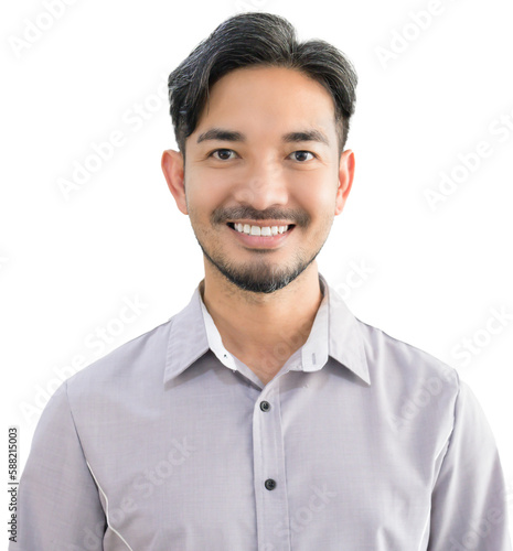 Portrait of a handsome Asian man with a beard in a gray shirt making a smile face.