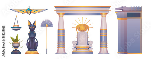 Ancient Egyptian pharaoh palace, house or temple objects. Throne with sun symbol, black cat and crocodile statues, scarab, fan, plant and arch with pillars, vector cartoon set