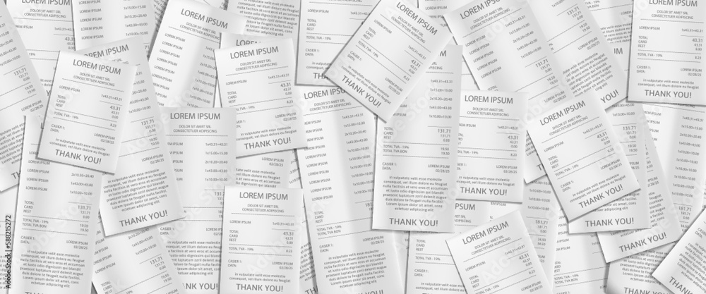 Obraz premium Pile of paper receipts, payment bank checks. Background with heap of invoice bills of purchases in shop or supermarket, cheques from pos terminal, vector realistic illustration