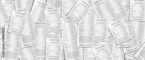 Pile of paper receipts, payment bank checks. Background with heap of invoice bills of purchases in shop or supermarket, cheques from pos terminal, vector realistic illustration