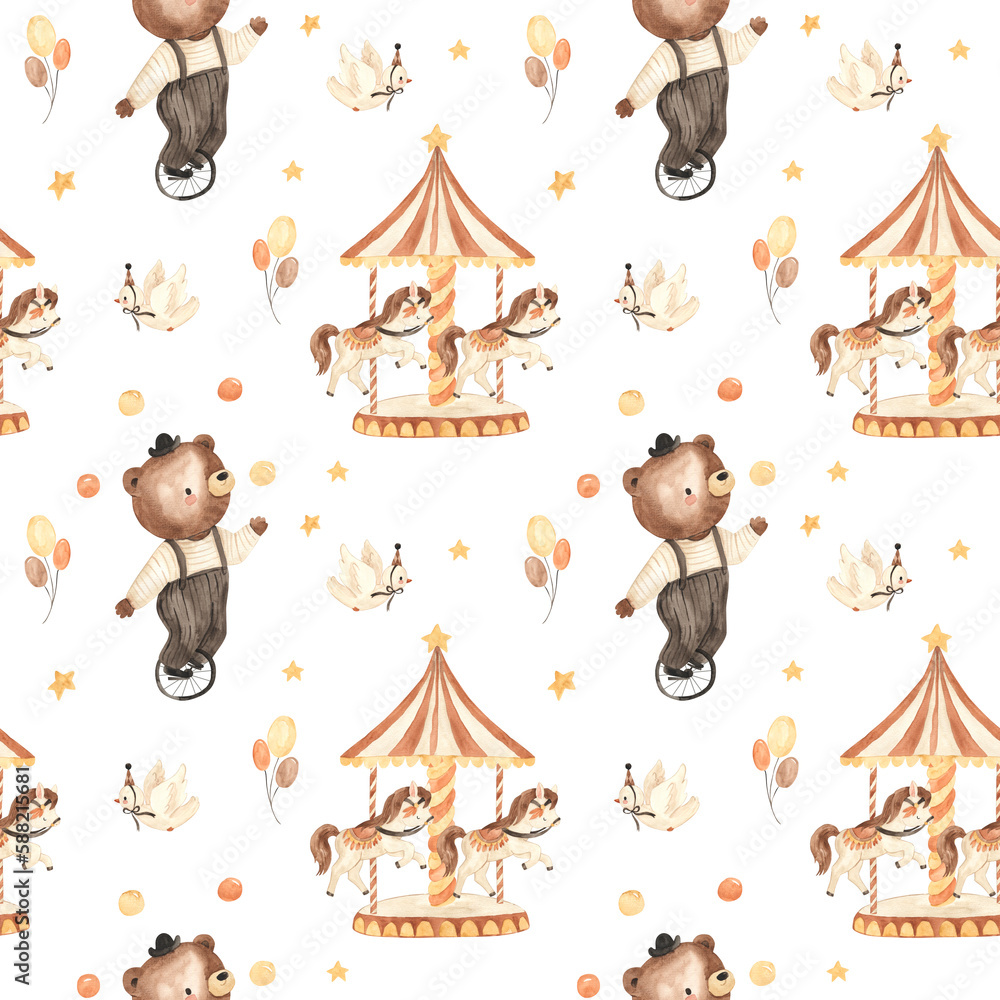 watercolor seamless circus pattern illustration for kids Stock ...