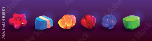 Cartoon jelly candy ui interface vector button set. Cute glossy gummy flower and shell illustration design for mobile app. Abstract colorful marmalade elements collection. Juicy sweet yellow item