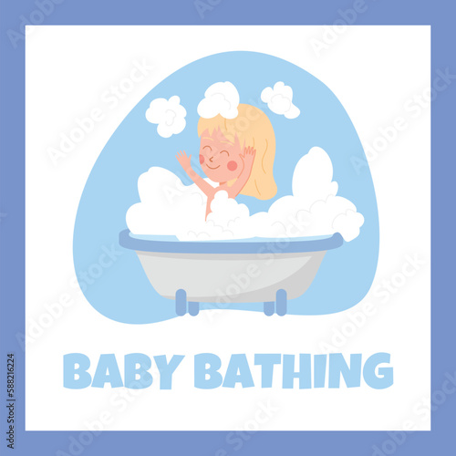 Squared banner about baby bathing flat style, vector illustration