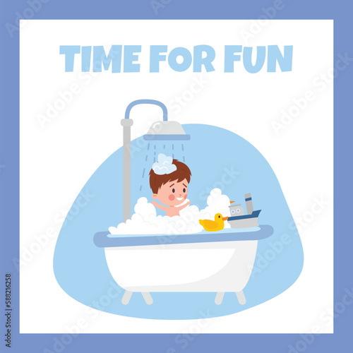 Happy kid boy playing with toys and foam in bath flat style