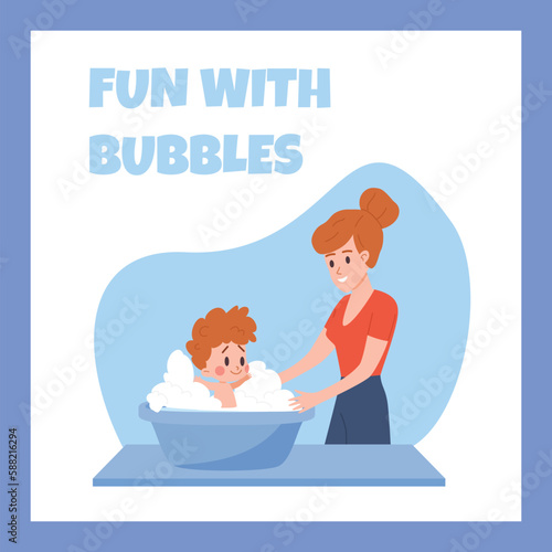 Squared banner with mom washes baby in basin flat style