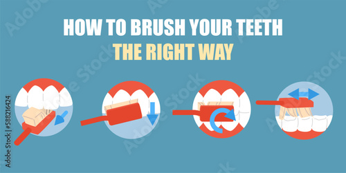 Toothbrushing right technique, stomatological banner - flat vector illustration.