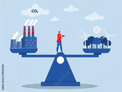 businessman invest with Scales with ecofriendly and factory. carbon dioxide neutral balanceVector illustration