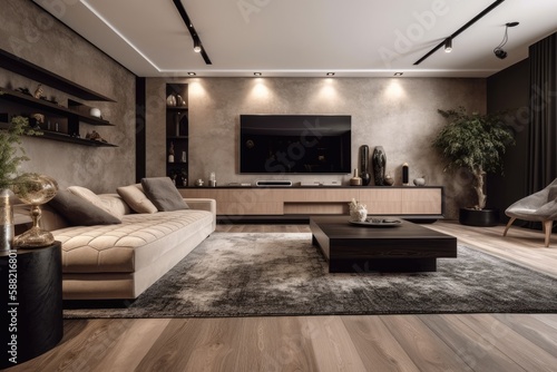 modern living room with a comfortable couch, sleek coffee table, and a large flat-screen TV. Generative AI © AkuAku