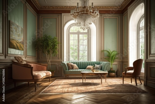 luxurious living room with elegant furniture and a sparkling chandelier. Generative AI