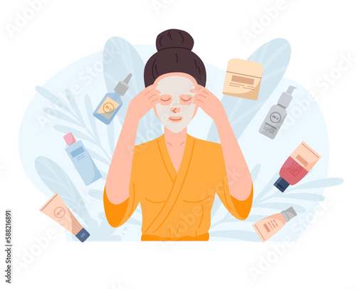 Smiling woman with sheet face mask flat style, vector illustration