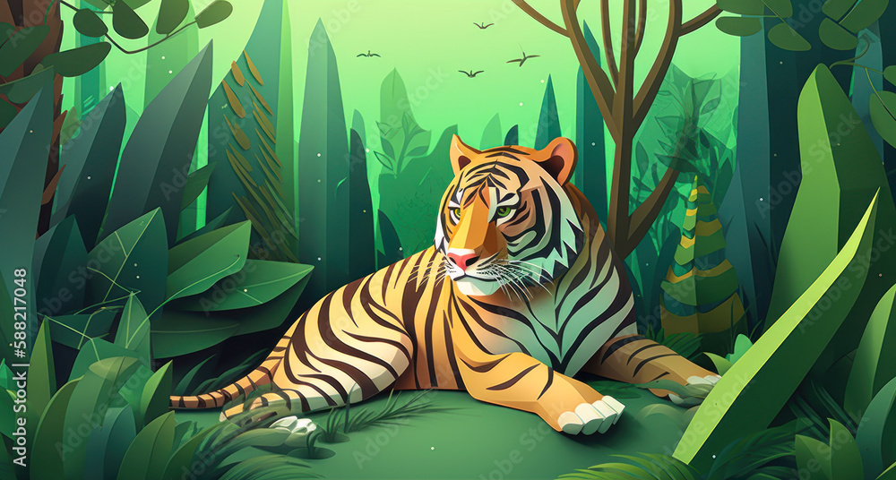Bengal tiger in its natural habitat, with the kirigami card paper art ...
