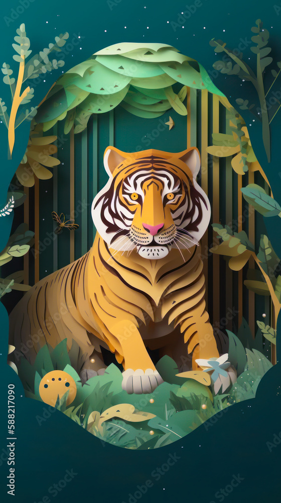 Bengal tiger in its natural habitat, with the kirigami card paper art creating the grasslands and trees in the background. The tiger is shown in a relaxed pose.