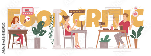 Huge food critic text and working people flat style, vector illustration