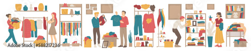 Second hand shop or garage sale, flat vector illustration isolated on white background.