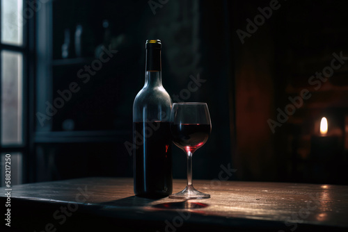 Red wine bottle and glass, close up, dark background, Generative AI