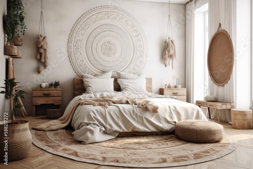 spacious bedroom with a circular bed as the centerpiece. Generative AI