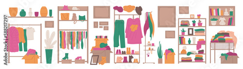 Second hand shop, garage sale or vintage market - flat vector illustration isolated on white background.