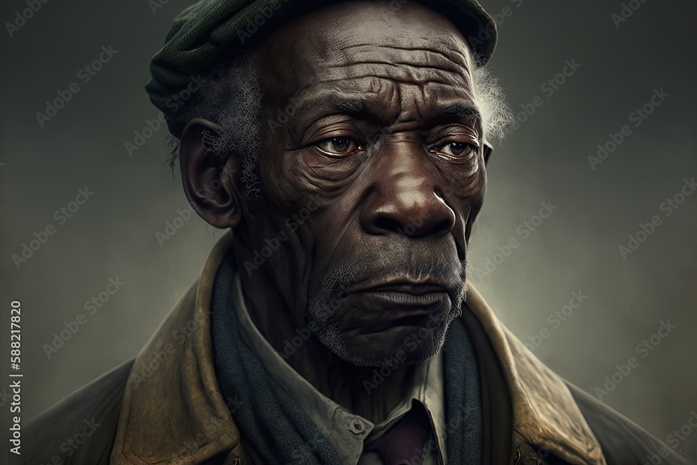 Portrait of a dark-skinned pensioner looking sadly into the camera against the background of a bright room. AI Generated Portrait of a dark-skinned pensioner looking sadly into the camera against the background of a bright room. AI Generated