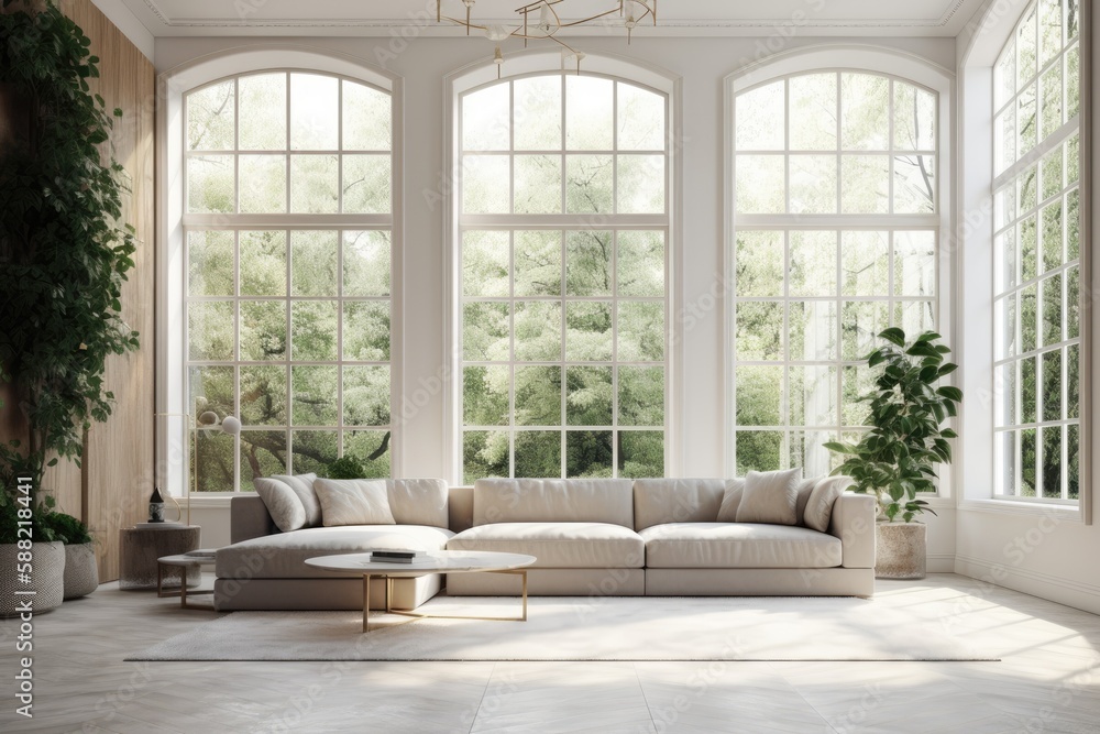 Fototapeta premium cozy and spacious living room with plenty of natural light and modern furniture. Generative AI