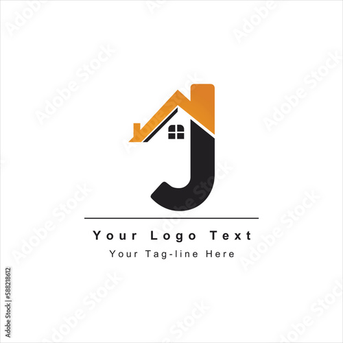 letter J logo with real estate design icon template