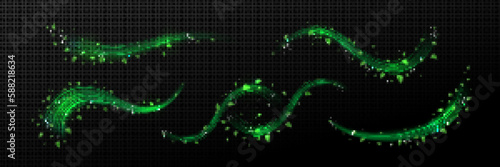 Realistic set of abstract green waves with leaves isolated on transparent background. Vector illustration of fresh air flow effect, cool mint vortex, tea foliage flying trail. Organic herbal medicine